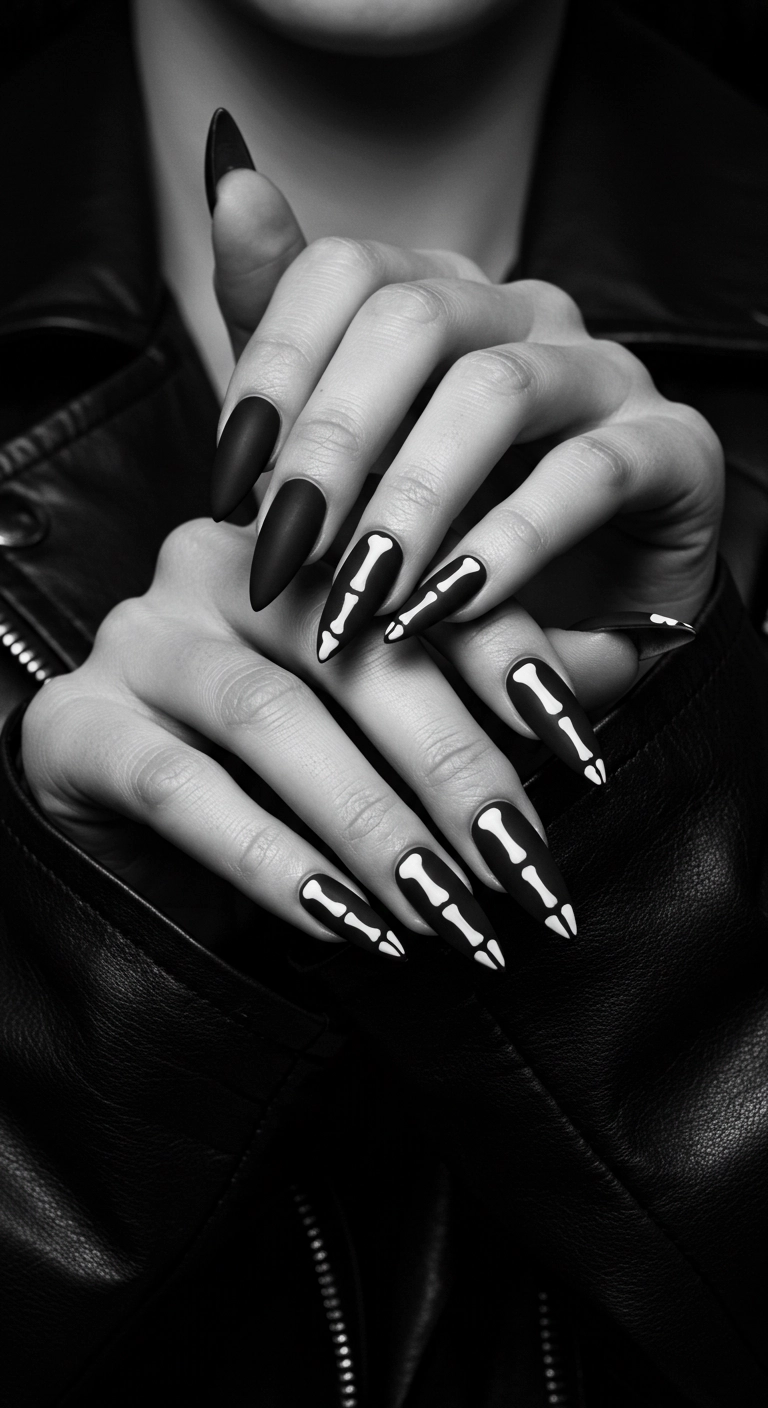 Matte black stiletto nails with white skeleton bone designs that form a full hand.