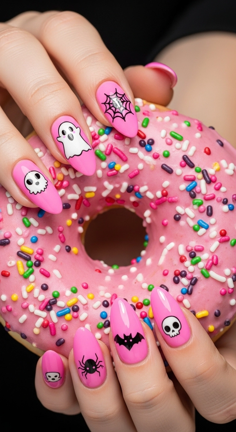 Glossy pink almond nails with cute black and white spooky icons like ghosts and spiderwebs.