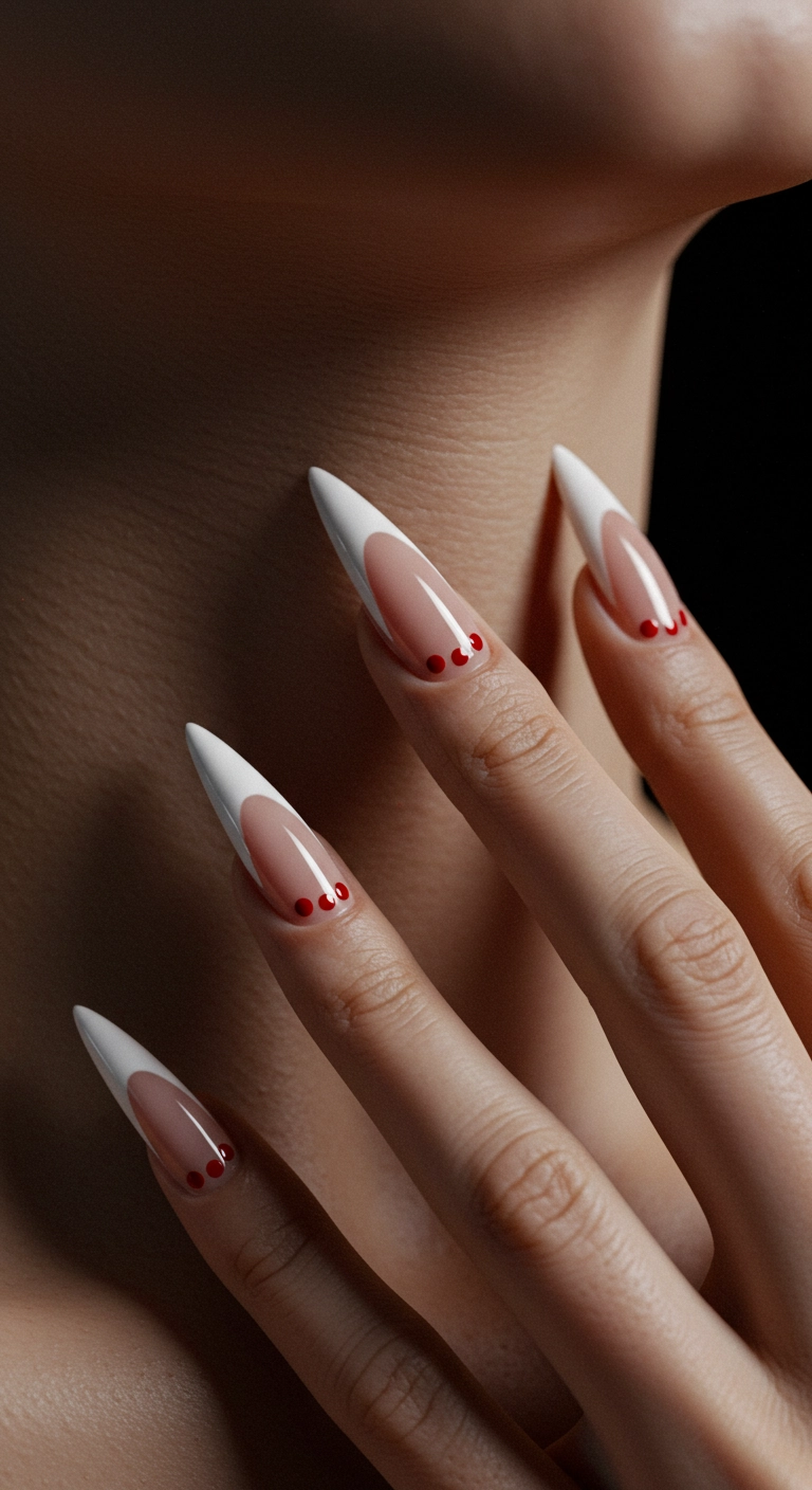Sharp stiletto nails in a nude color with a tiny red vampire bite mark on the ring finger.