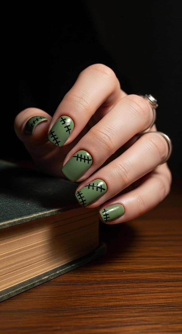 Short rounded nails in a mossy green color with realistic black Frankenstein stitches.