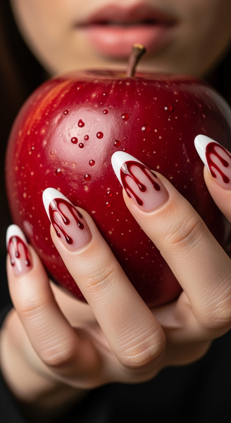 Almond-shaped nails with a milky white base and hyper-realistic blood-red drip french tips.