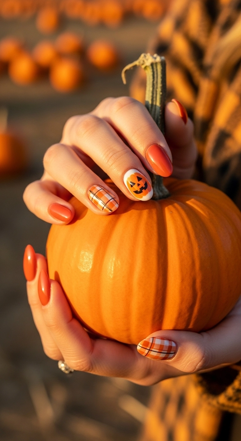 Oval-shaped nails with a pumpkin patch theme, including burnt orange, plaid, and a jack-o'-lantern face.