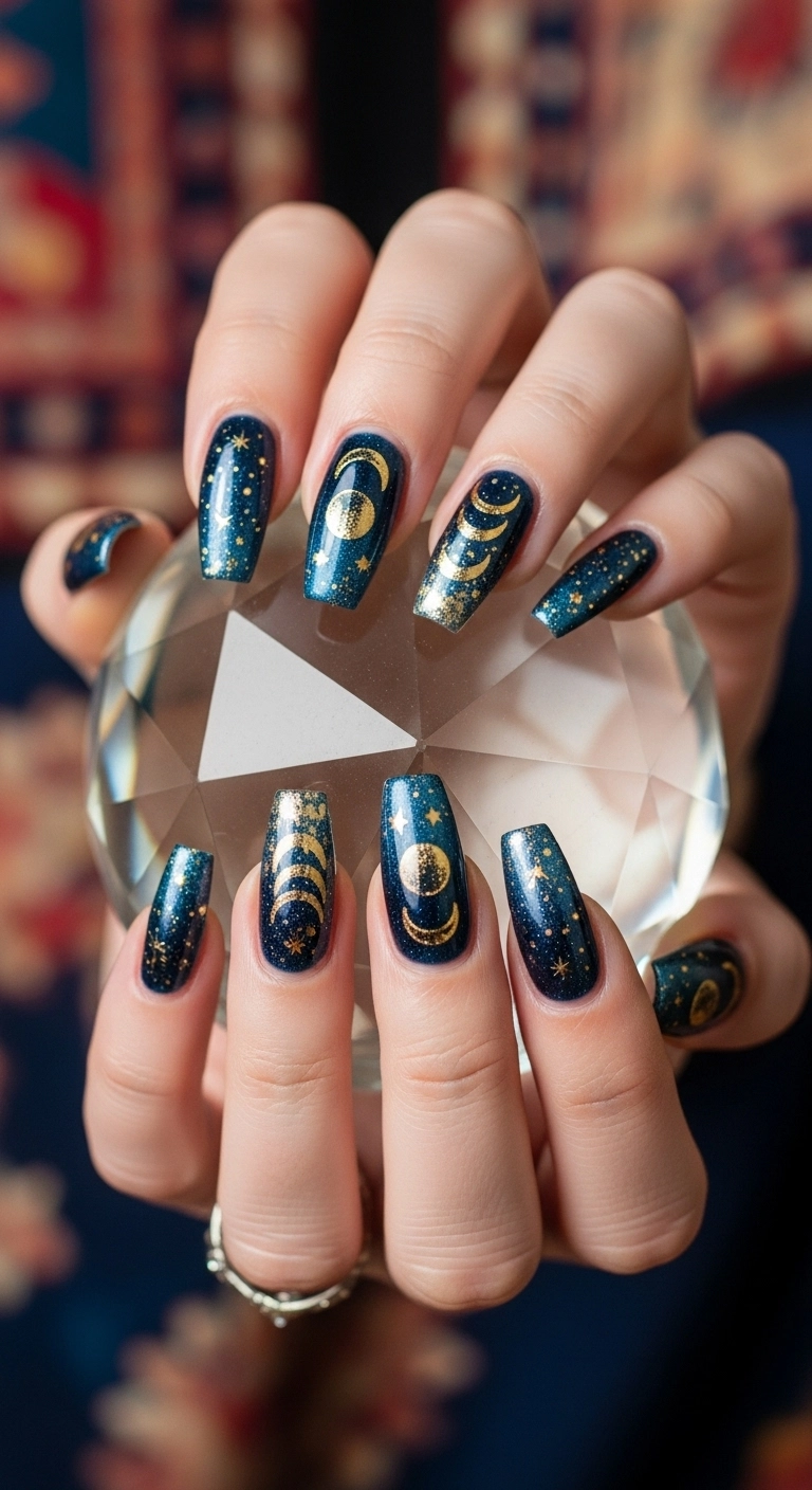 Coffin-shaped nails with a deep indigo night sky base and gold foil moon phase designs.
