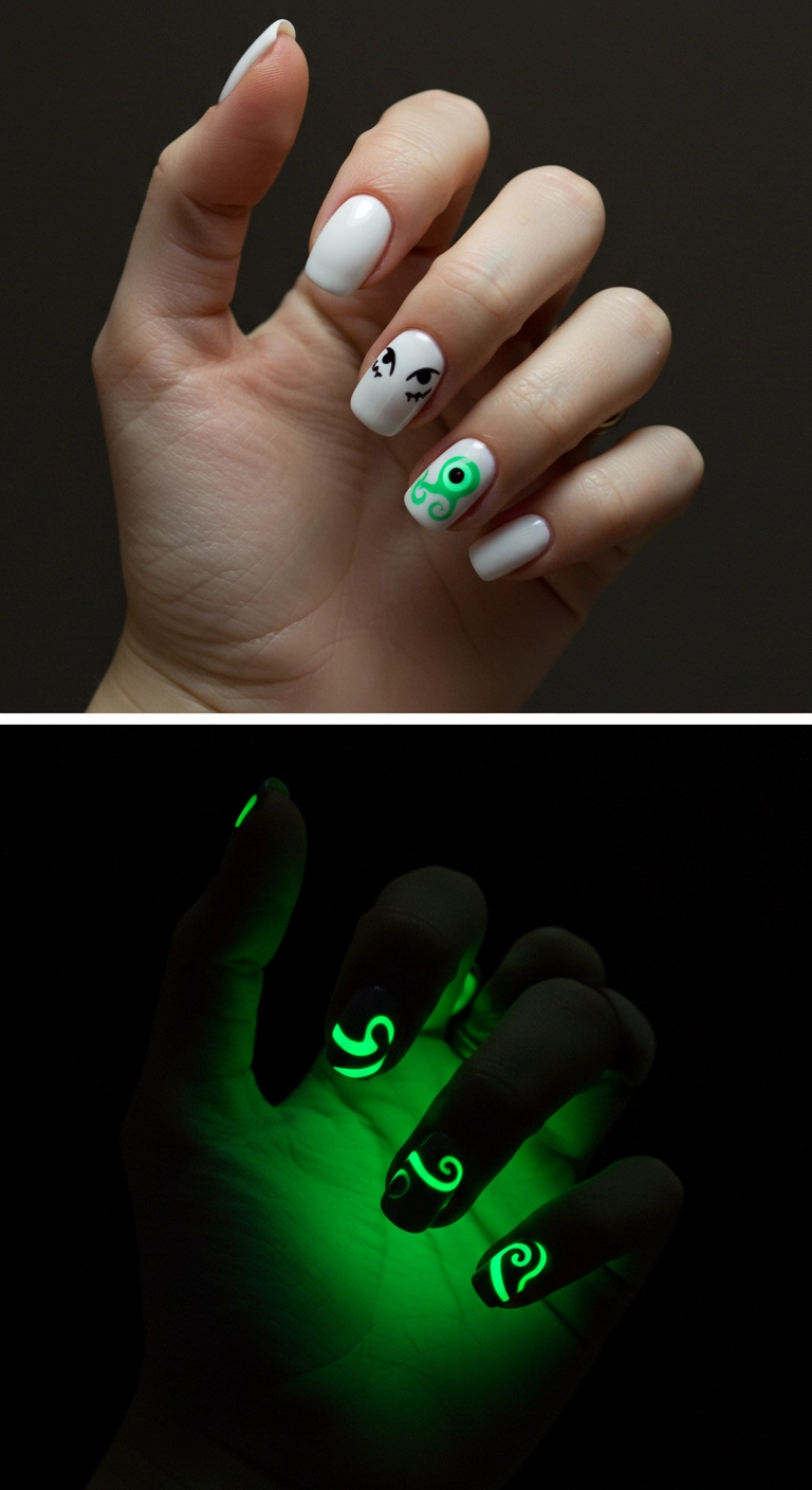 A before-and-after of white nails that reveal glowing green spooky eyes in the dark.