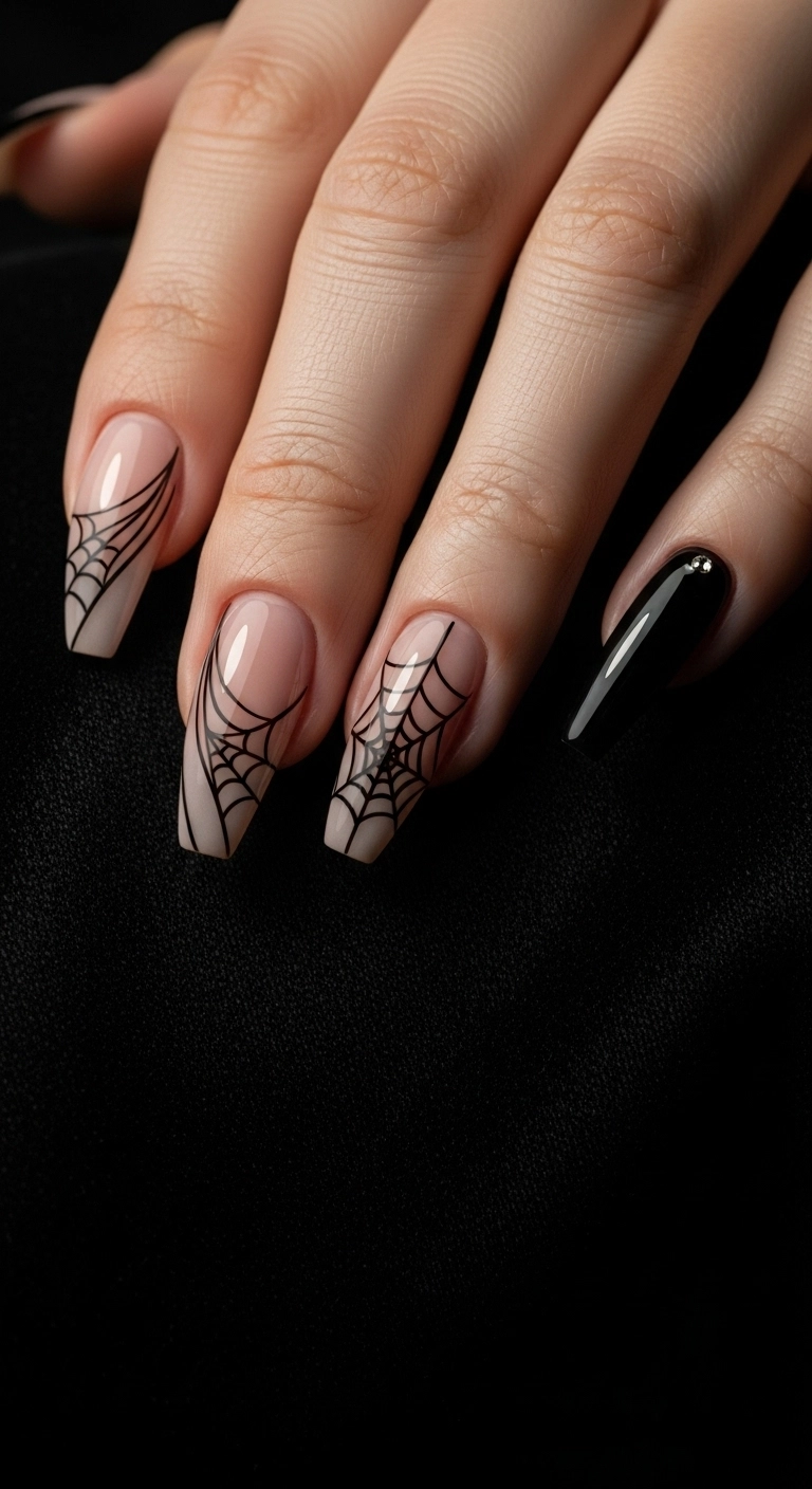 Elegant stiletto nails with sheer nude base and delicate black spiderweb accent designs.