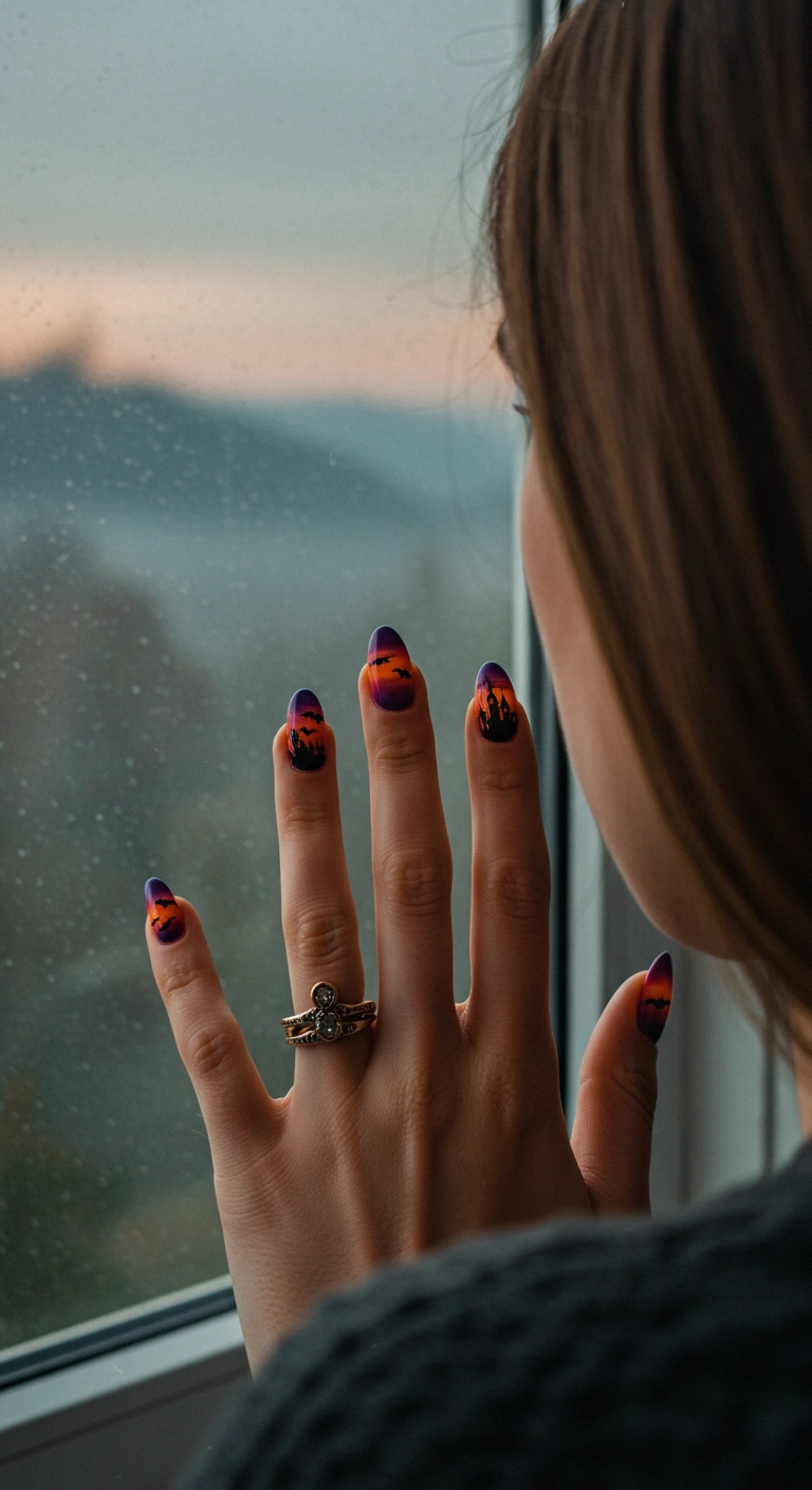 Oval nails with a sunset ombré background and a black silhouette of a haunted house.