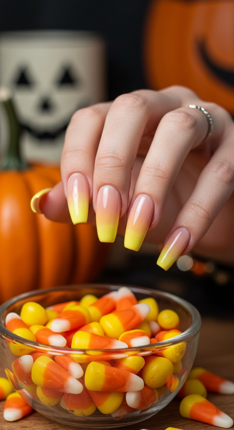 Long almond nails with a glossy and smooth candy corn ombré design.