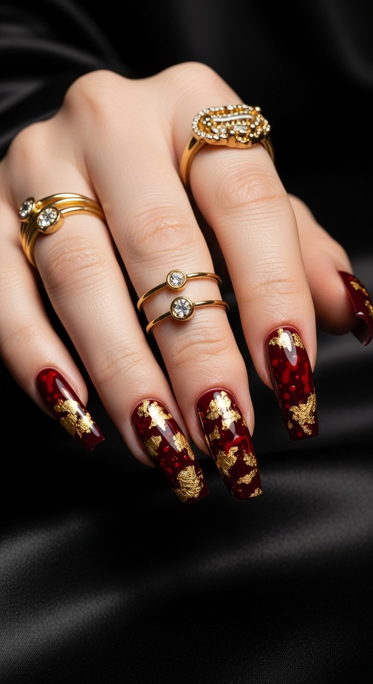 Long coffin nails with a deep burgundy base, blood splatter effects, and glamorous gold foil flakes.