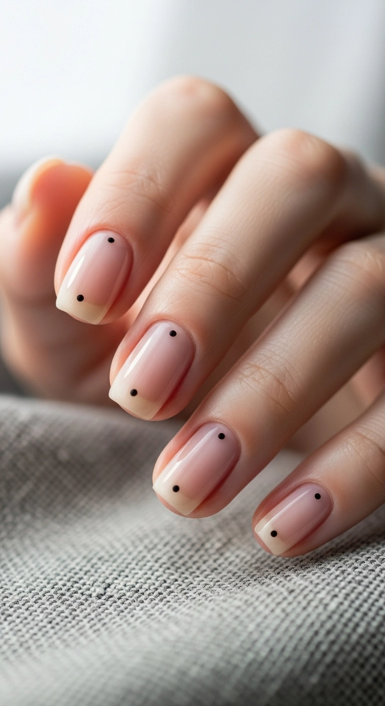A minimalist manicure with a single black dot at the base of each sheer nude nail.