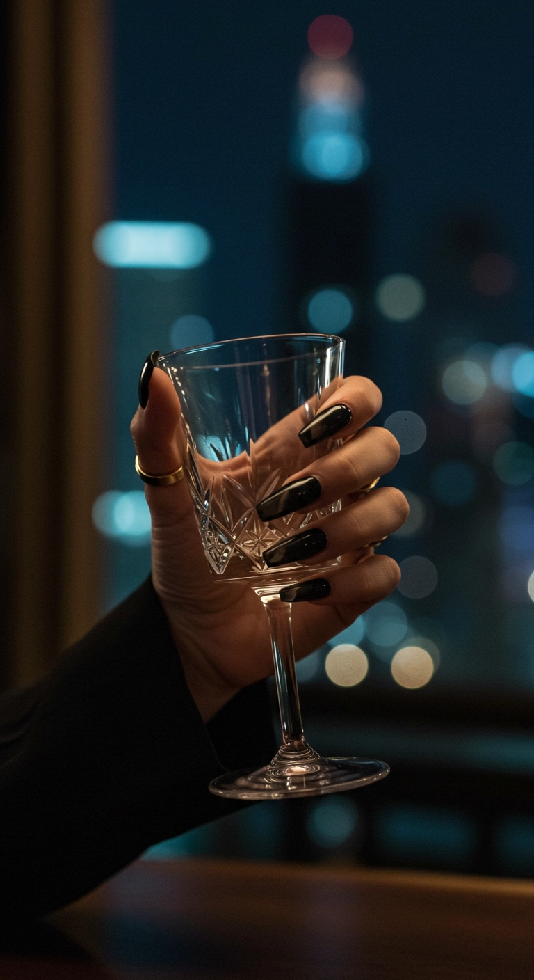 Long coffin nails with a sheer, smoky black polish for an edgy, minimalist look.