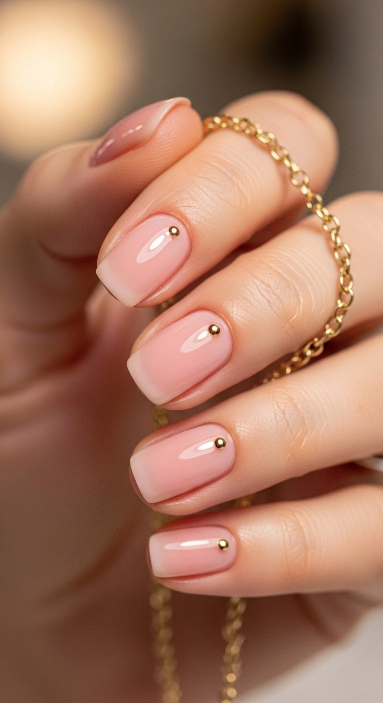 Minimalist nails with a sheer pink base and a small gold dot at each cuticle.