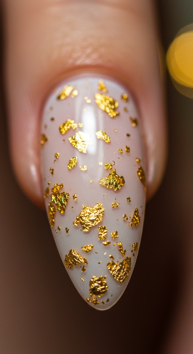 A milky white nail with delicate gold flakes scattered near the cuticle for a luxurious accent.