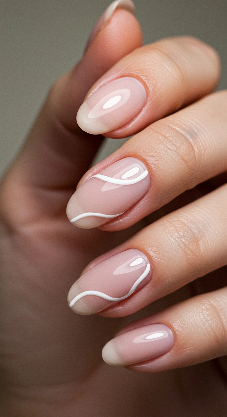 A minimalist nail with a single, thin white line curving gracefully along the side.