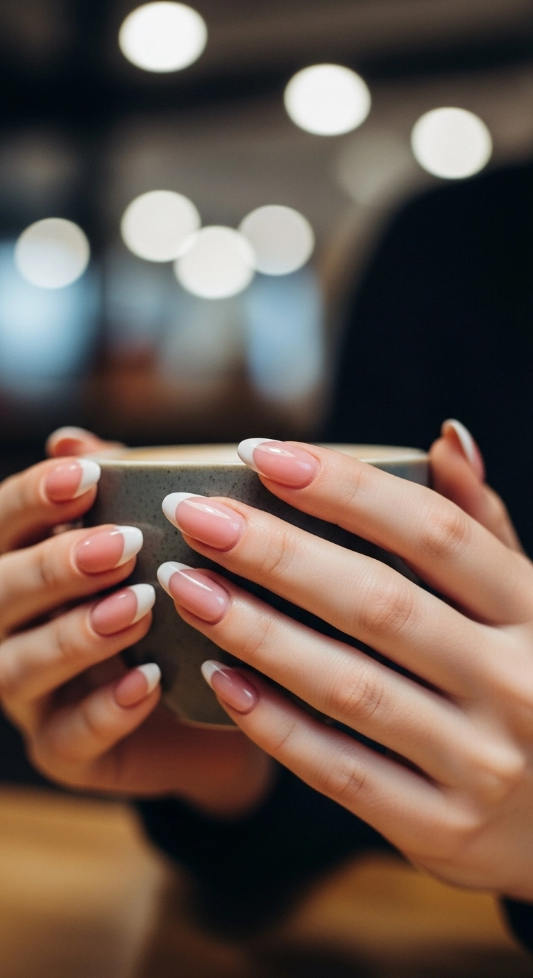 Elegant almond-shaped nails with a very thin, delicate white French tip.