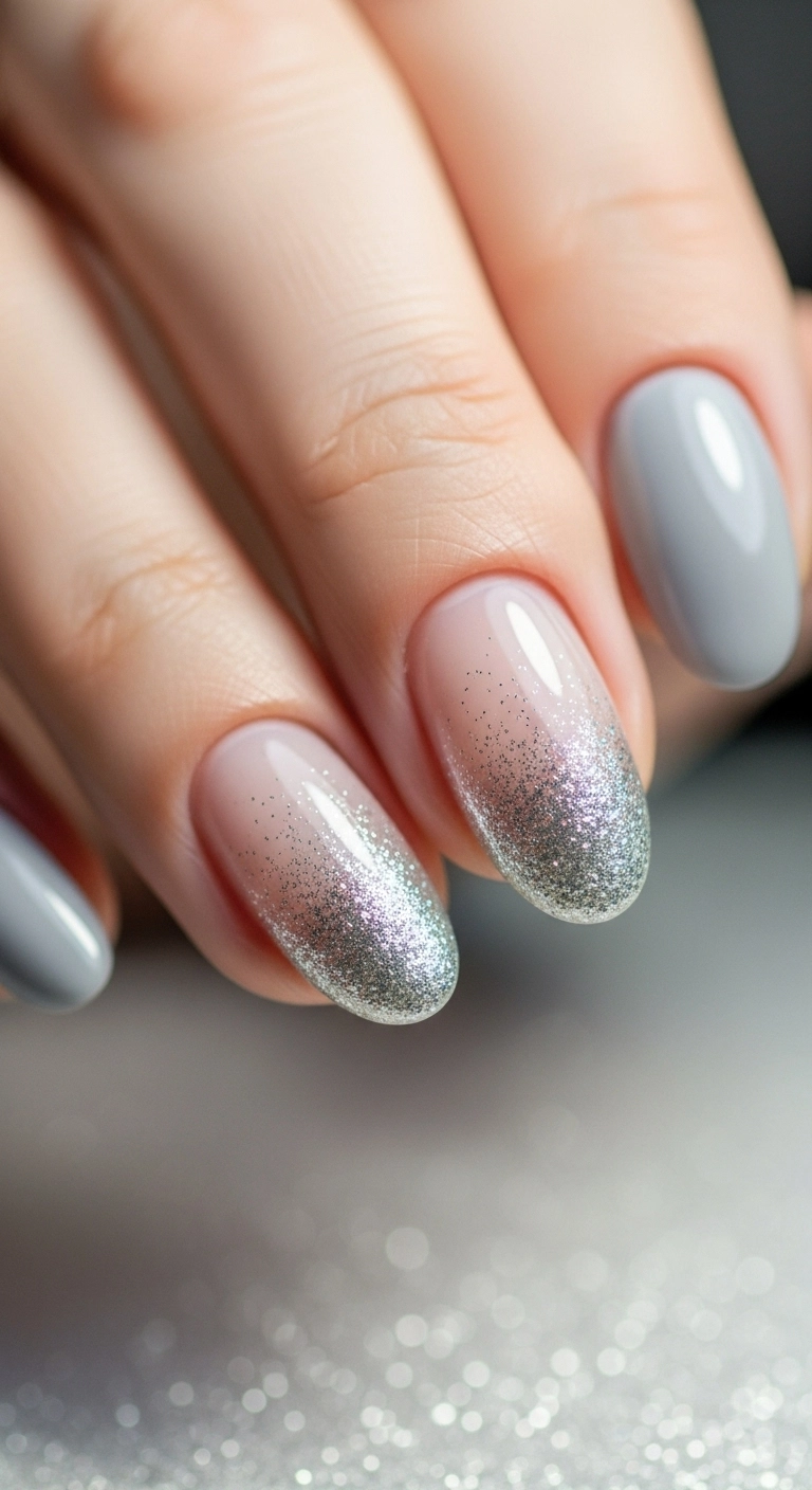A minimalist accent nail featuring a delicate silver glitter fade from the tip downwards.