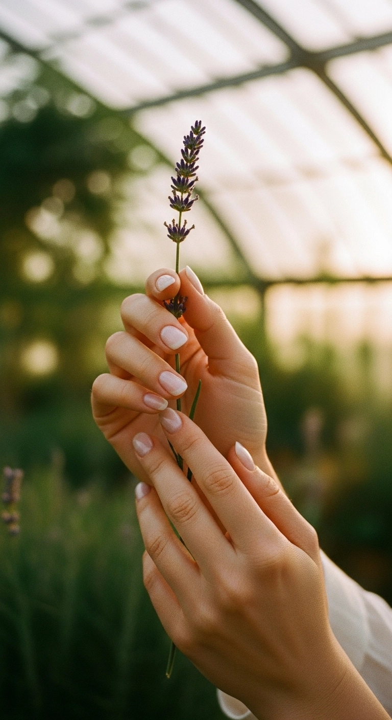 Short, rounded nails with a sheer, milky white polish for a natural look.