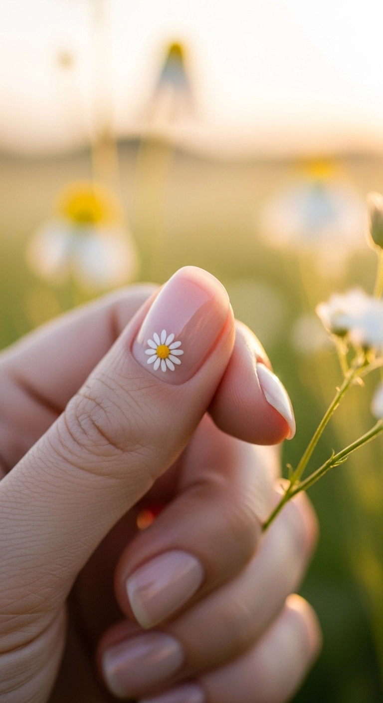A sheer nude nail with a single, tiny, delicate daisy painted on as an accent.