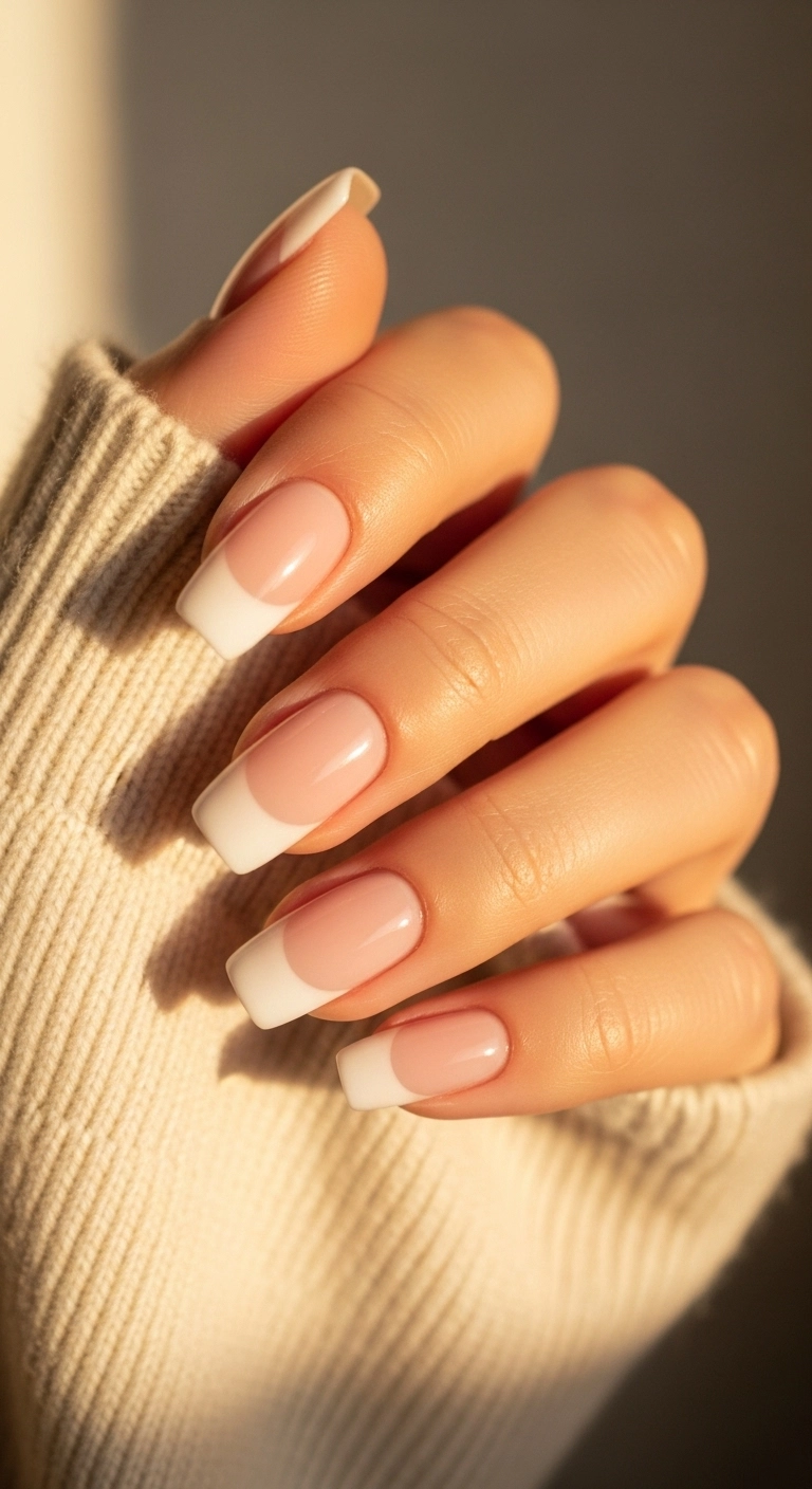 Square nails with a subtle color block of milky pink on the nail bed and crisp white on the tip.