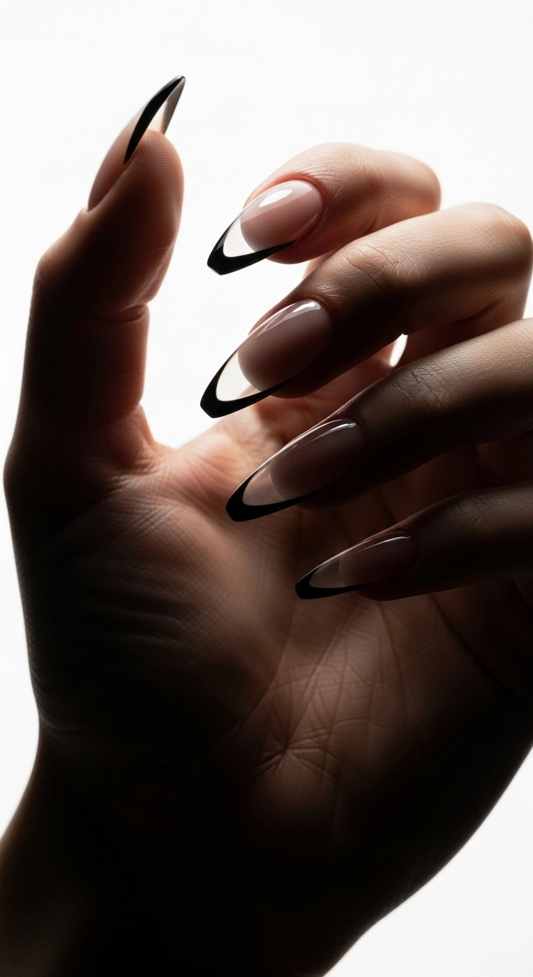 Minimalist almond nails with only the outline of a French tip drawn in black.