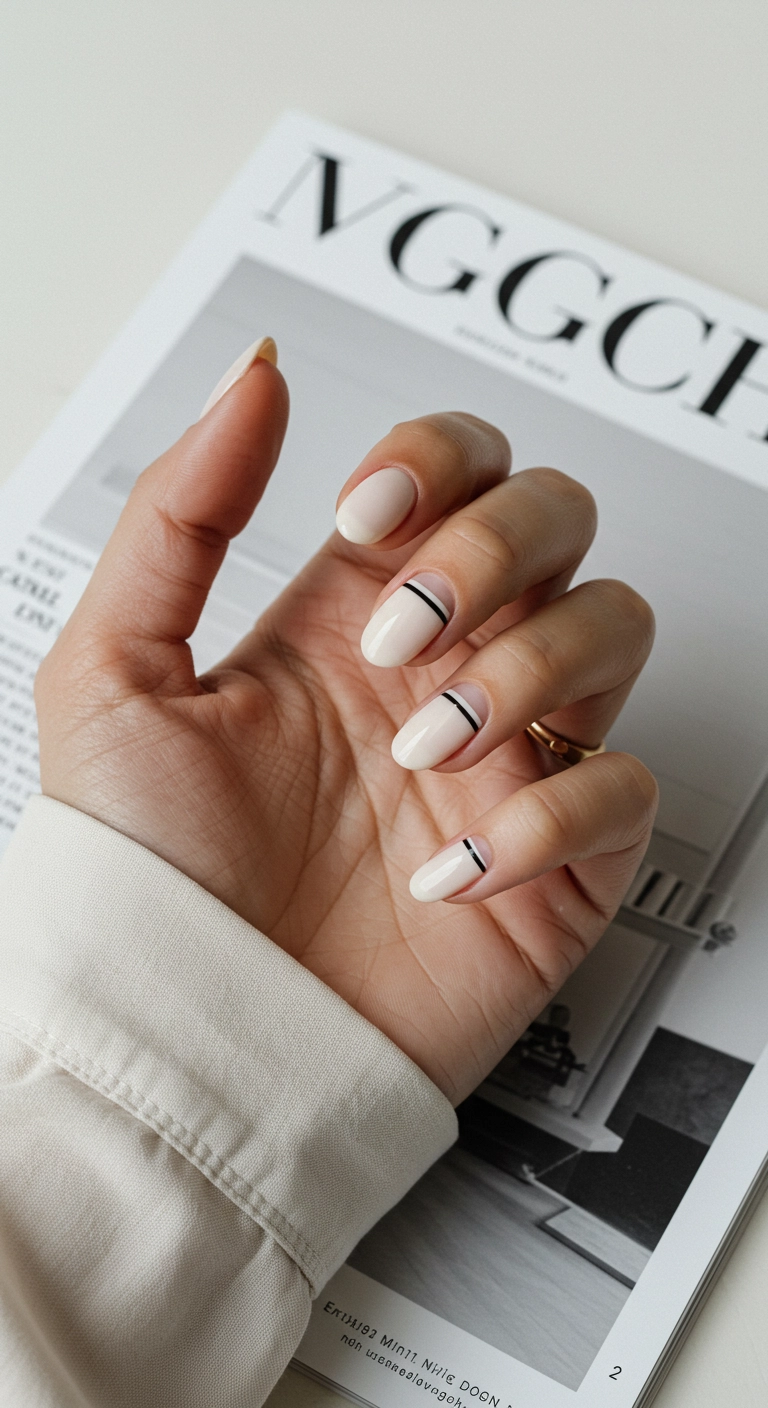 Almond nails with an off-white base and a thin horizontal black stripe.