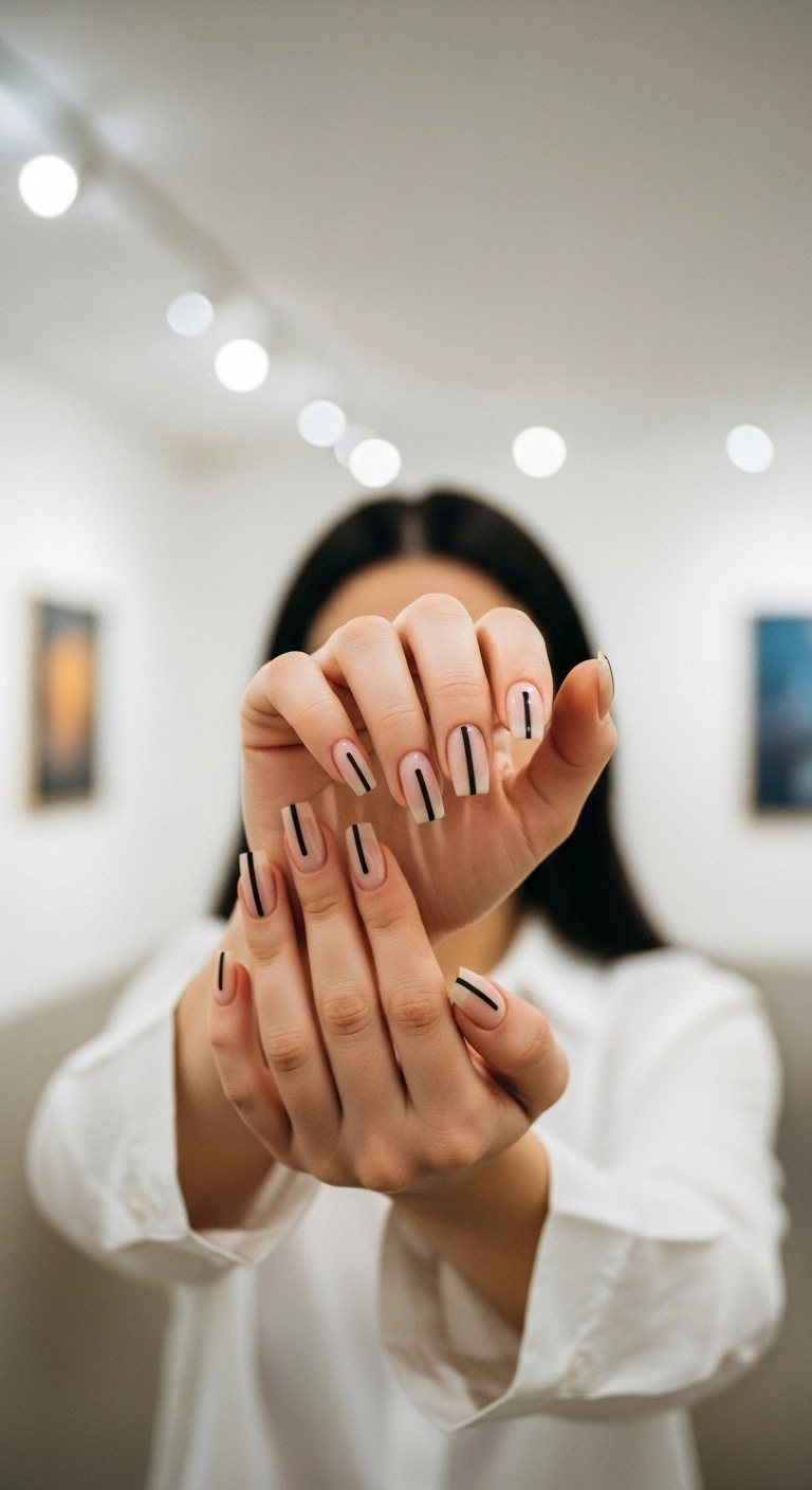 Square nails with a sheer nude base and a single black vertical line down the middle.