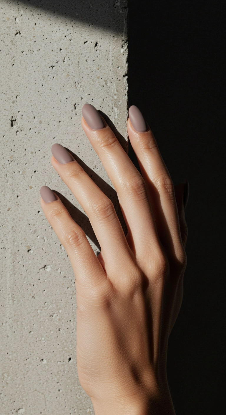 Oval-shaped nails with a solid, sophisticated matte taupe polish.