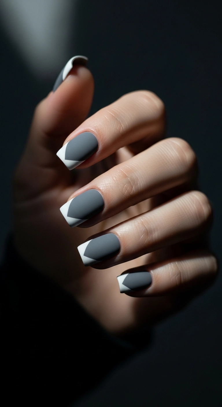 Minimalist nails with a matte grey base and a small white triangle on one corner.