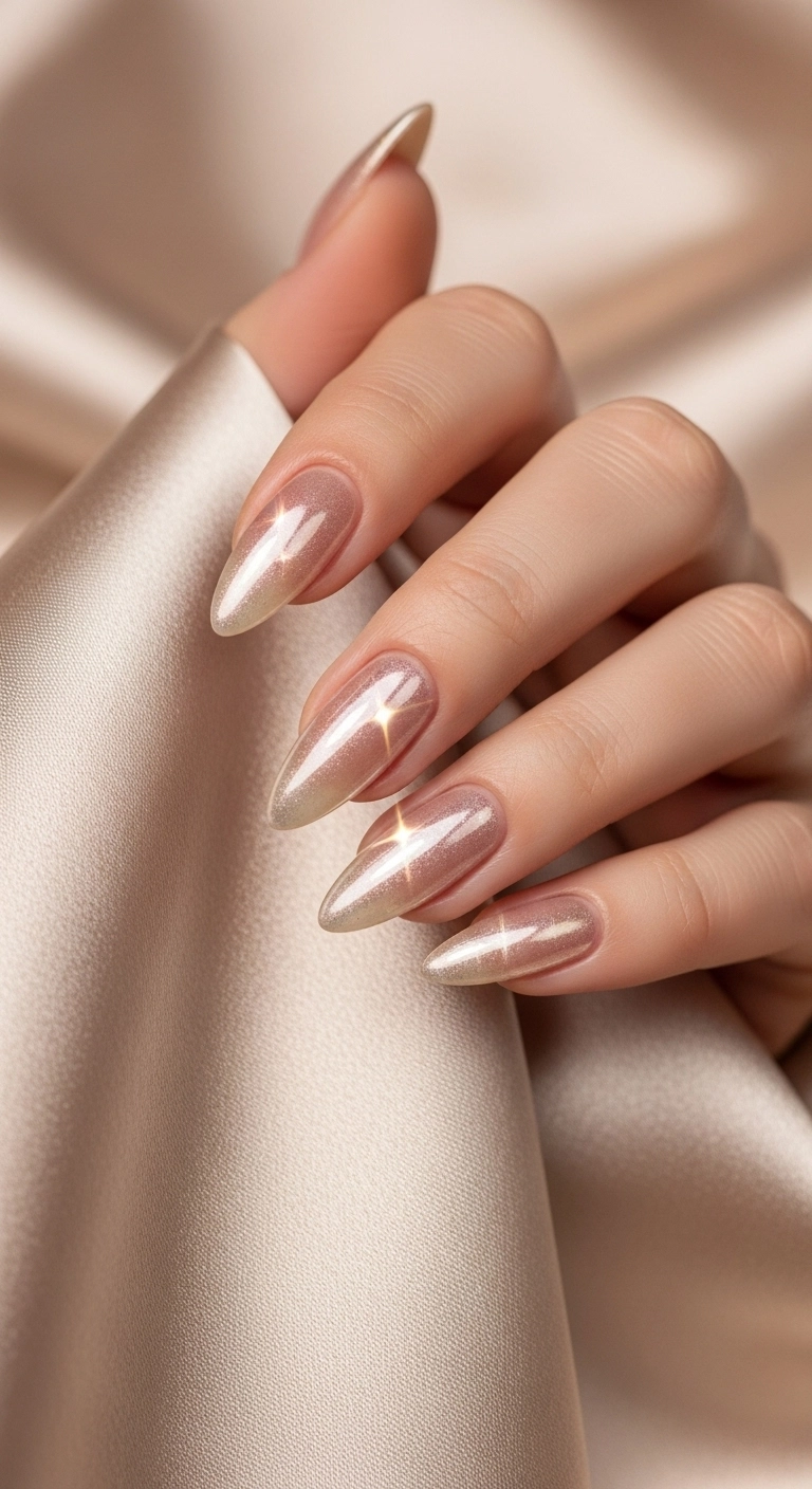 Almond nails with a nude base and a subtle, pearlescent chrome finish.