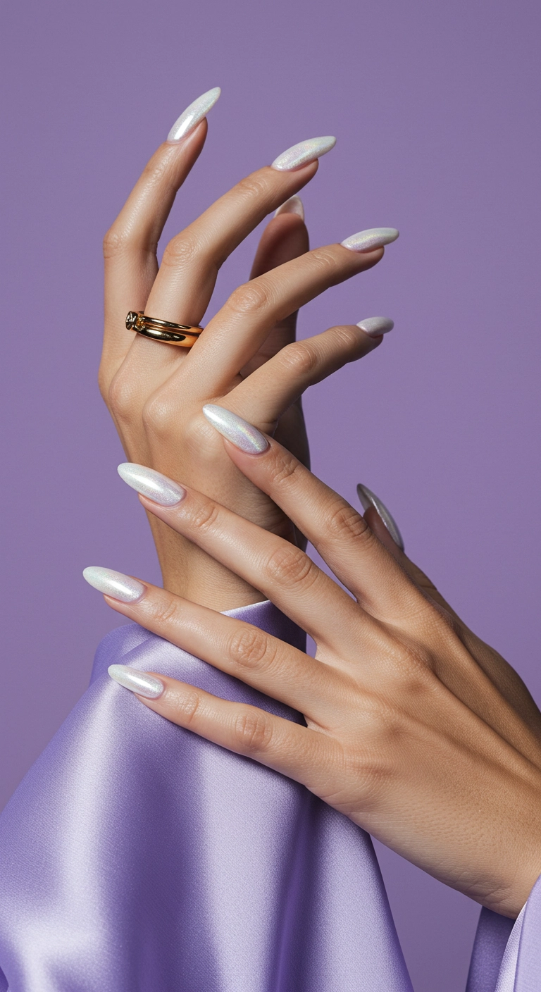 Almond-shaped nails with a trendy, pearly white chrome or glazed donut finish.