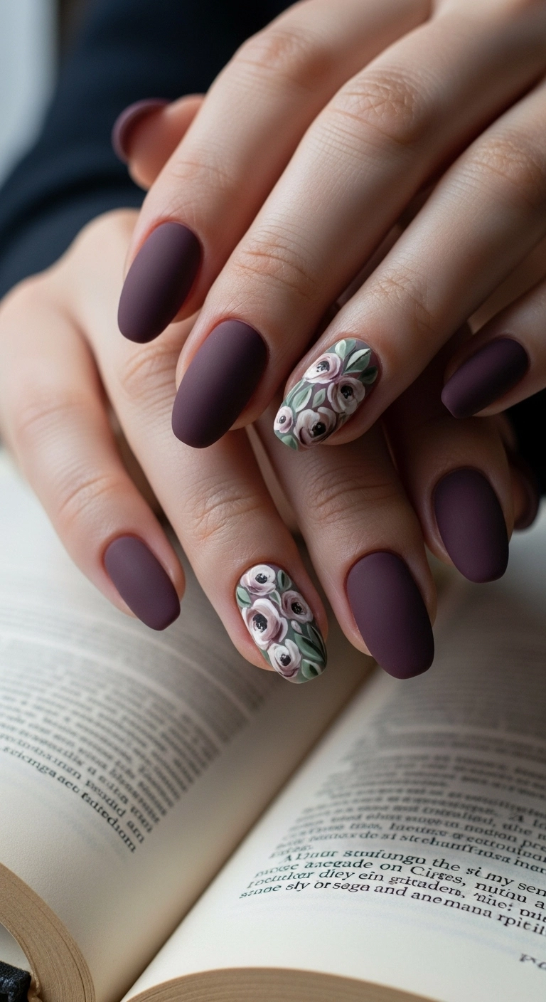 Matte deep plum nails with intricate, muted floral designs on accent nails.