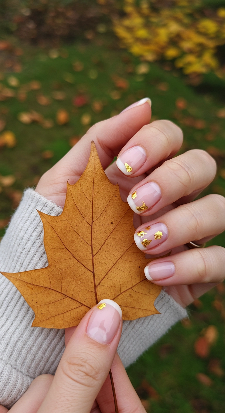 Short milky white nails decorated with a single, tiny gold leaf on each nail.