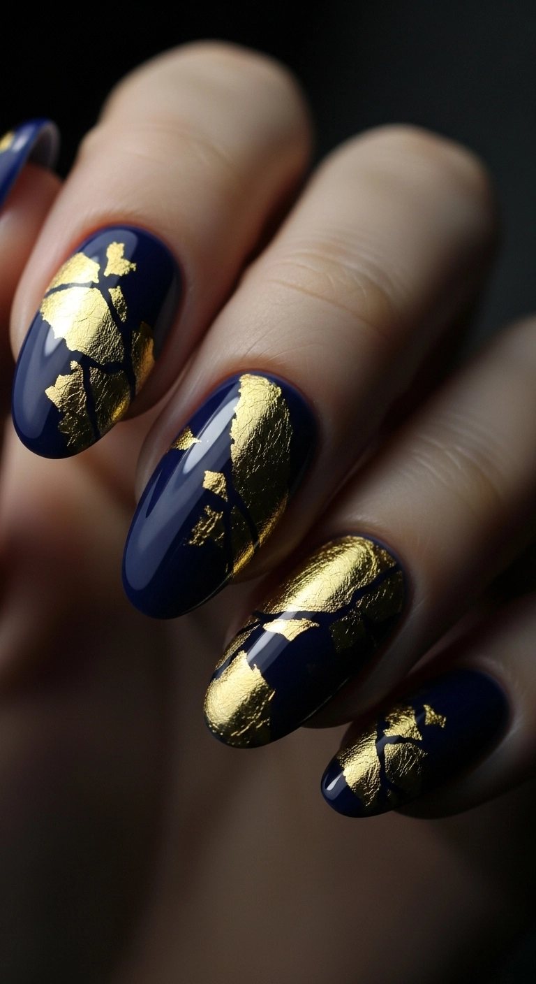 Deep navy blue nails adorned with abstract, shattered gold foil pieces.