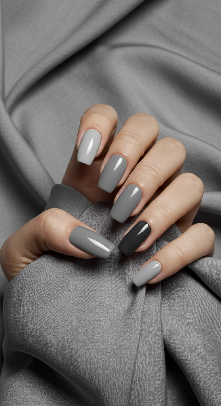 Coffin nails with each nail painted a different shade of grey, from light to dark.