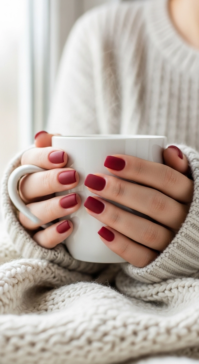 Short square nails in a deep, matte cranberry red color, holding a white mug.