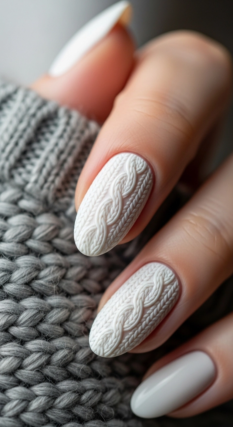 Close-up of a creamy white nail with a 3D cable-knit sweater texture.