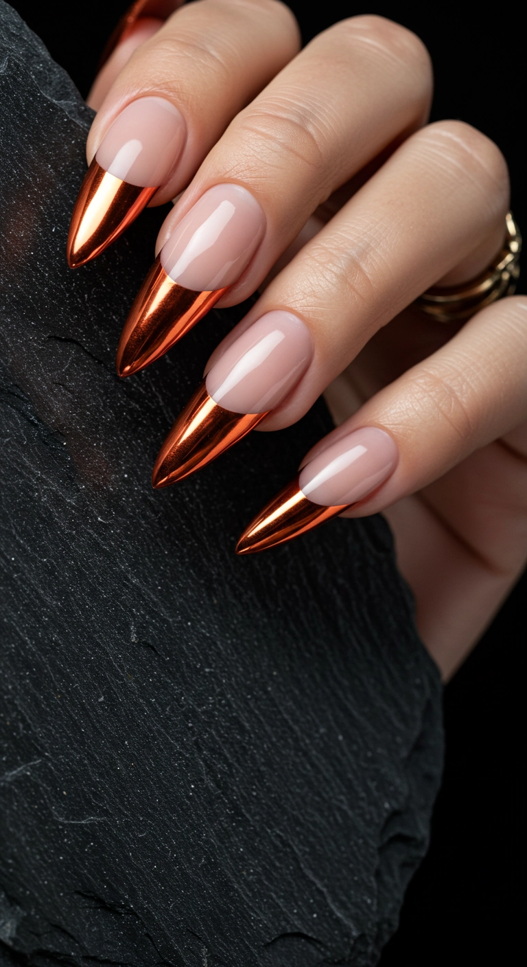 Long stiletto nails with a modern French manicure featuring metallic copper chrome tips.