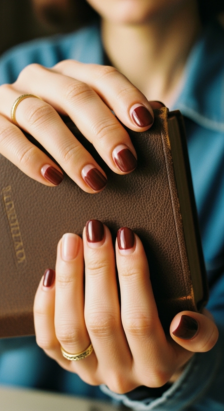 Short rounded nails with a deep burgundy half-moon manicure design.