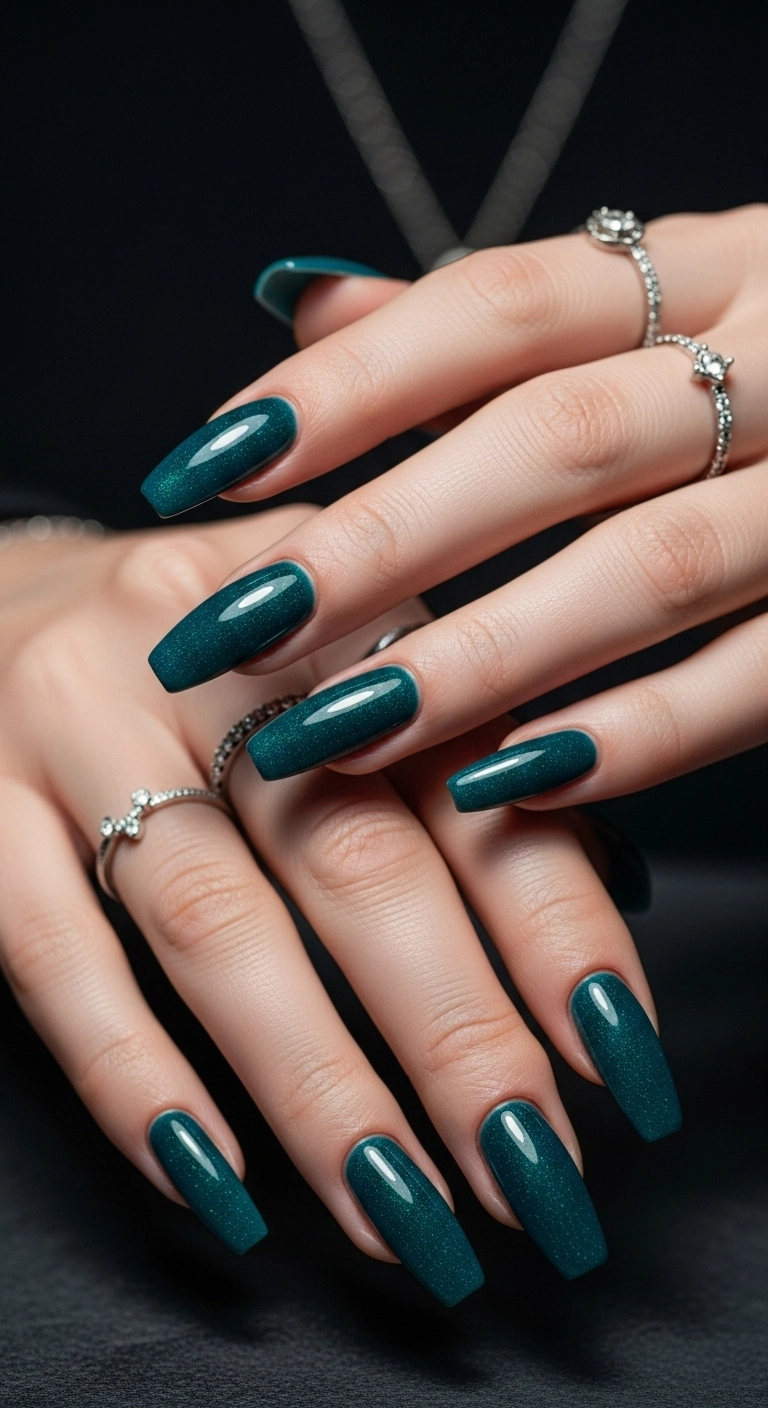 Long coffin-shaped nails painted in a shimmering deep teal polish.