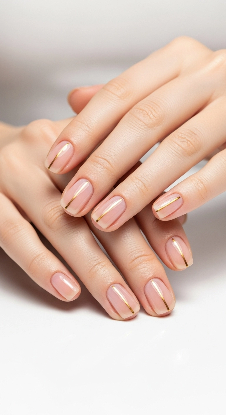 Short nude nails with a single, delicate vertical gold line on each.