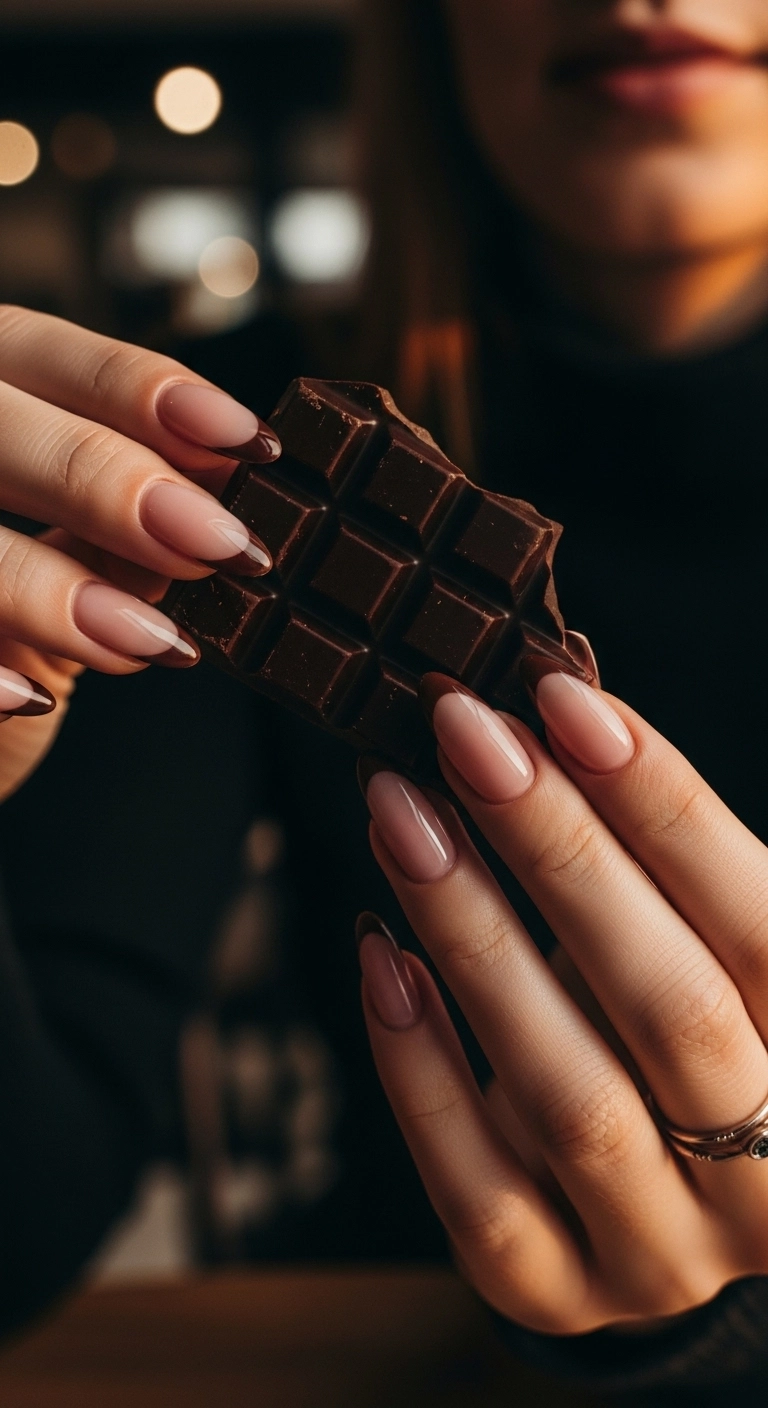 Almond-shaped nails with a modern French manicure using deep chocolate brown for the tips.