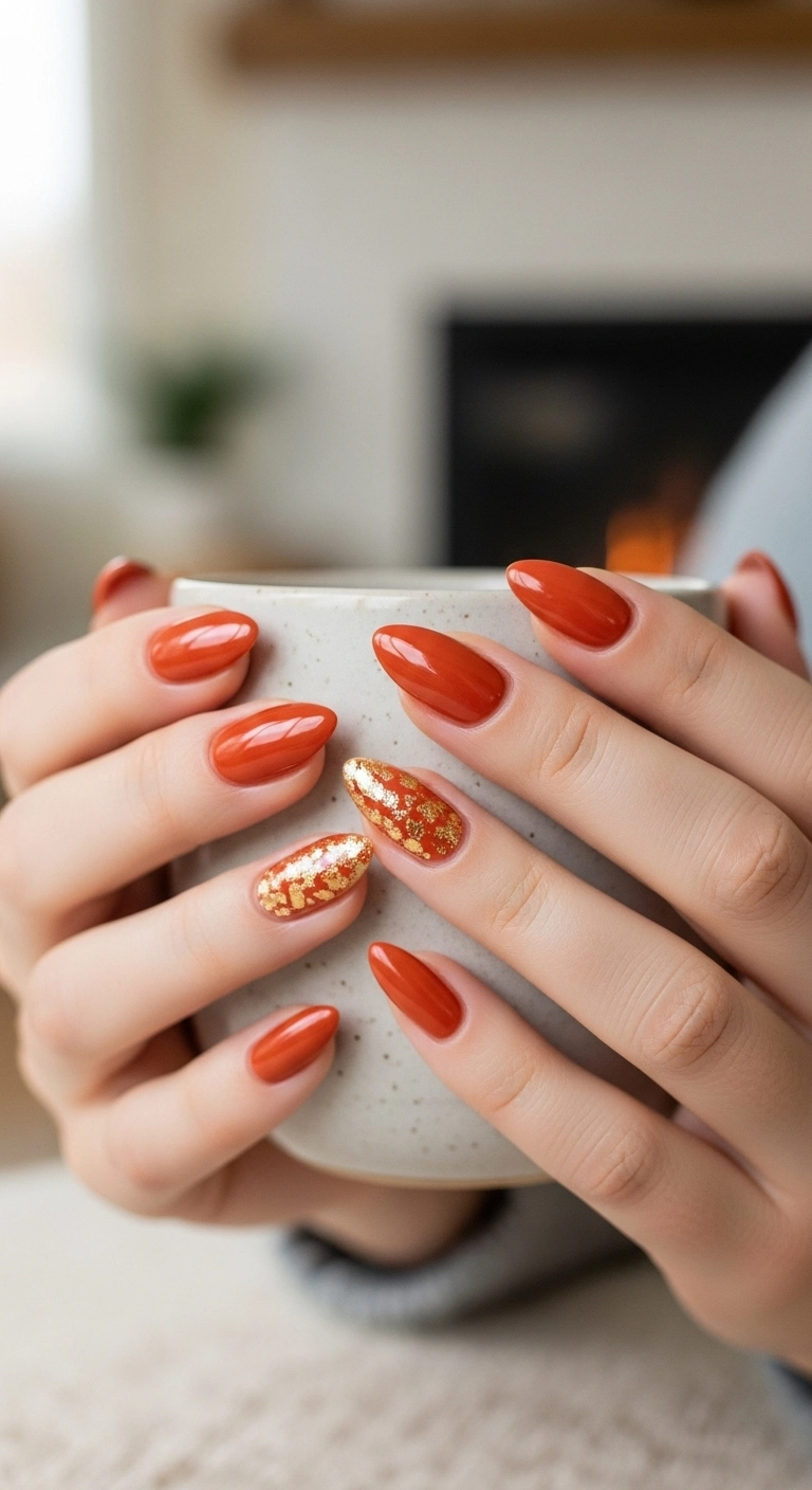 Close-up of almond-shaped nails painted in a glossy burnt orange with a gold flake accent nail.