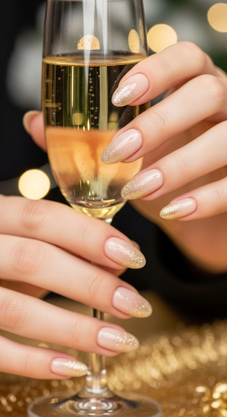 Almond nails with a creamy beige base and a subtle gold glitter gradient fading from the tips.