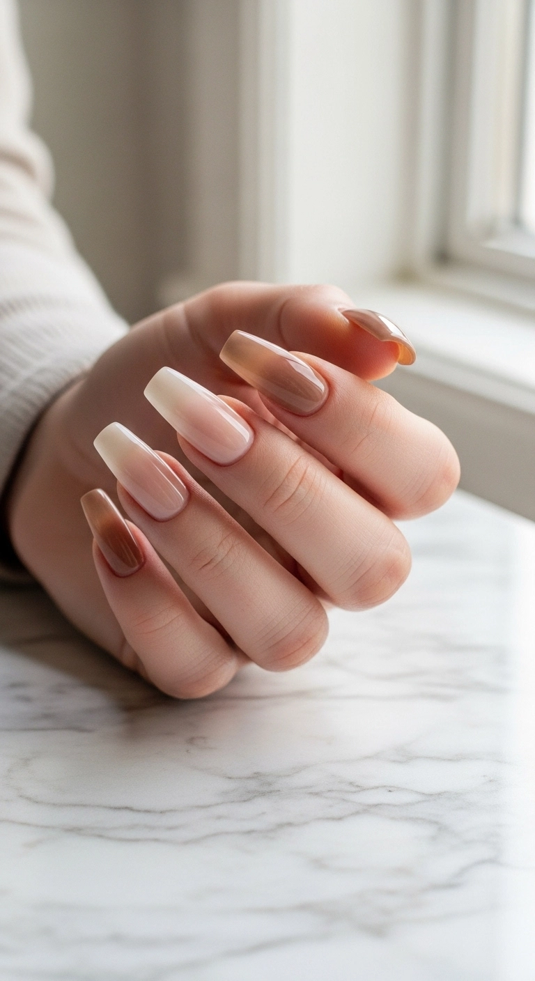 Long tapered square nails with a smooth gradient from light beige to deep taupe.