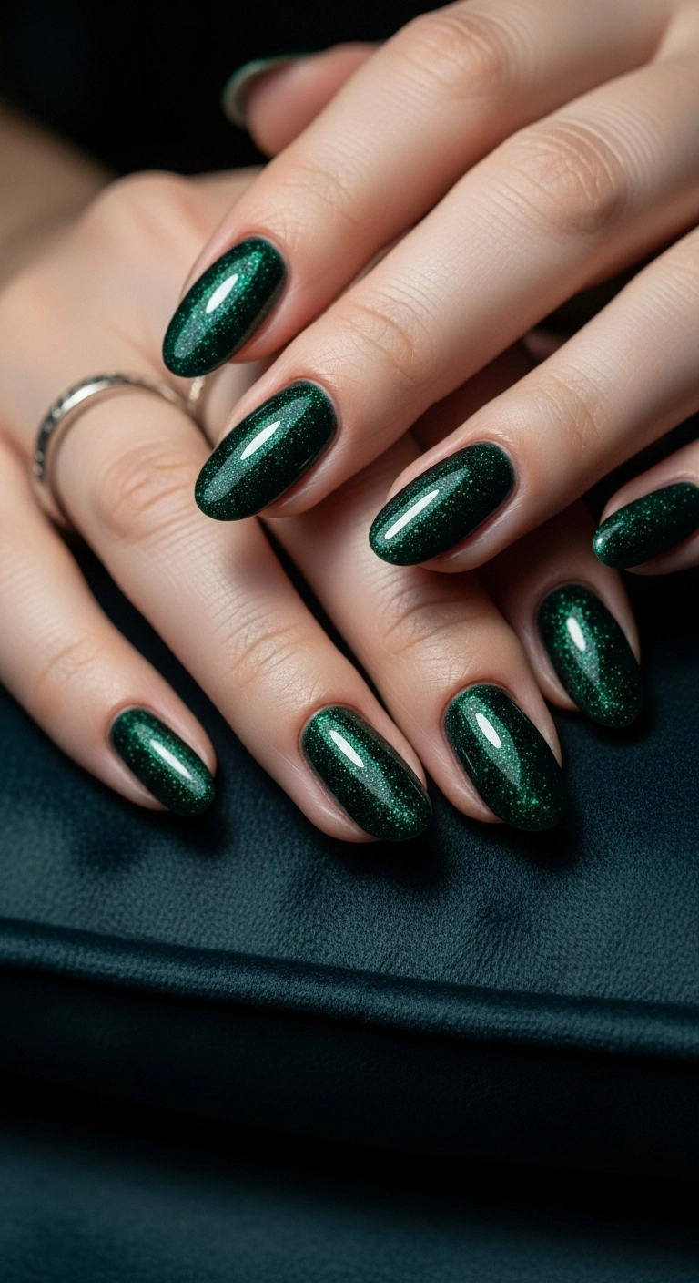 Oval nails with a deep forest green magnetic velvet polish that creates a textured effect.