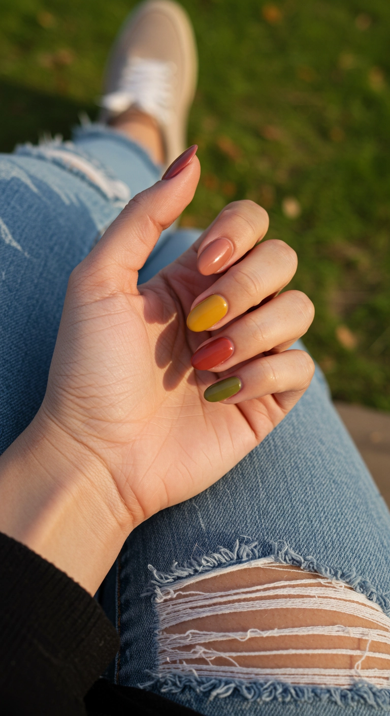 A hand with each nail painted a different muted, earthy fall color like mustard, olive, and terracotta.