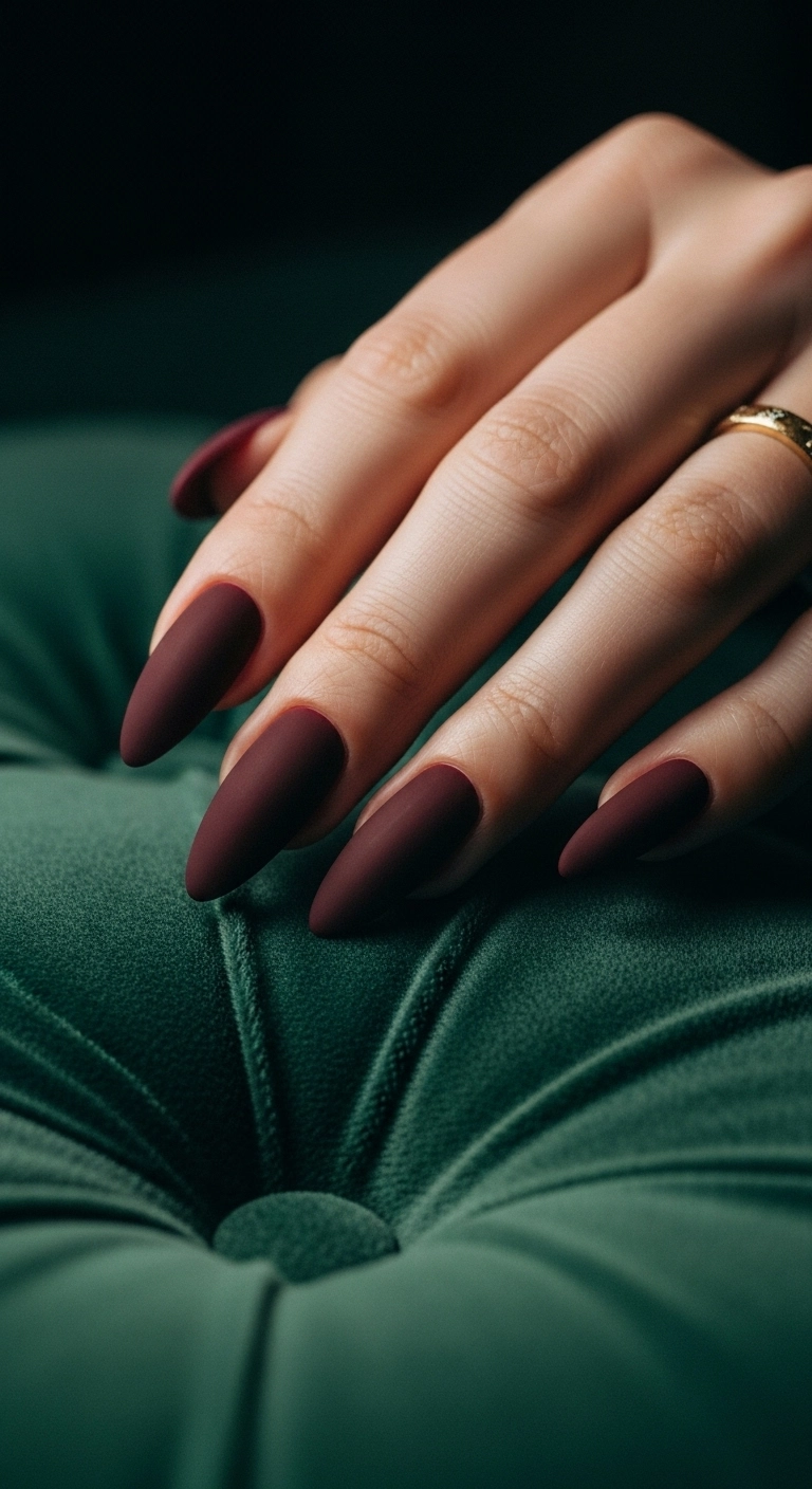 Long almond nails with a deep burgundy polish and a unique matte velvet finish.