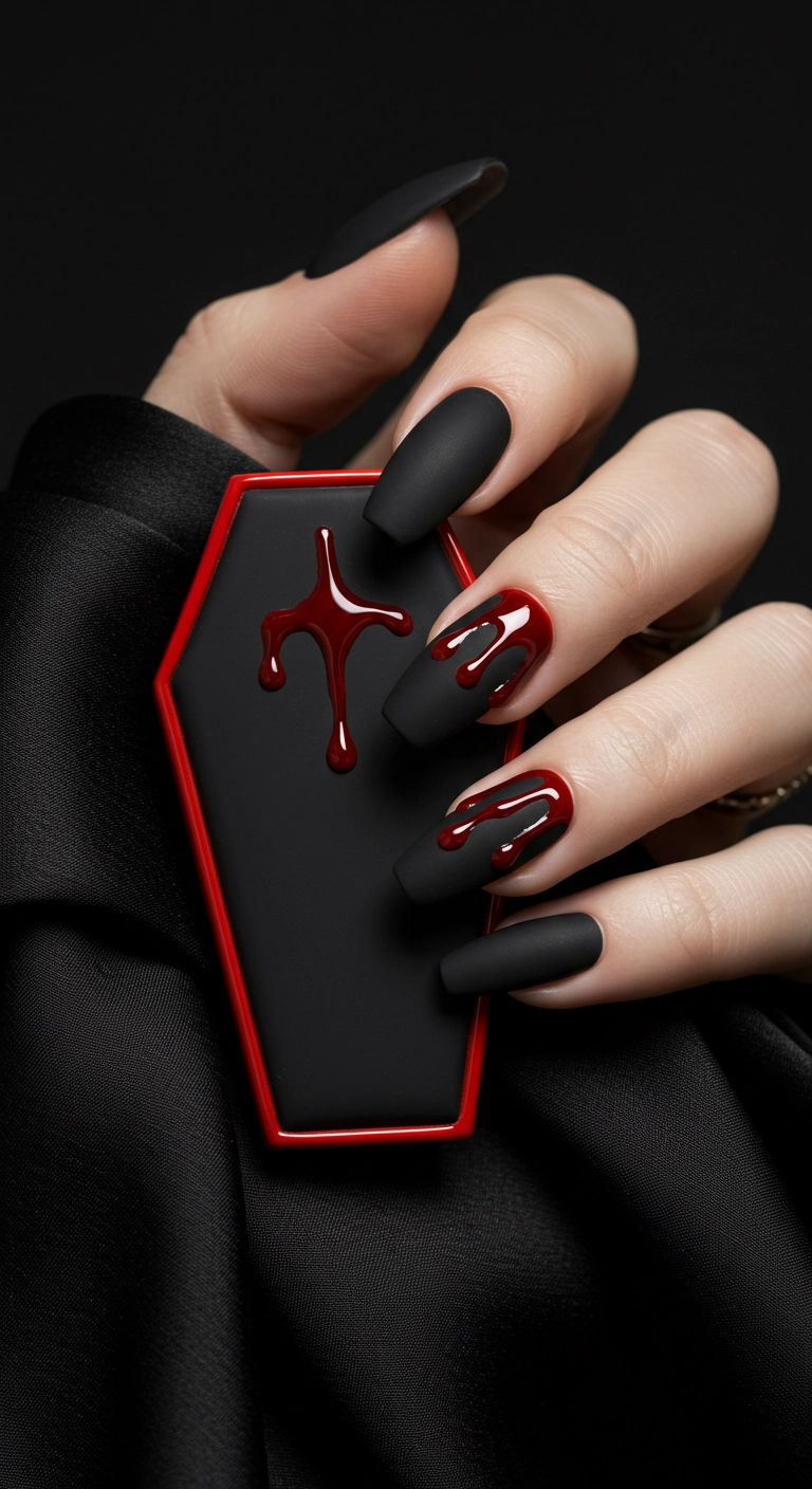 Matte black coffin nails with glossy, deep red