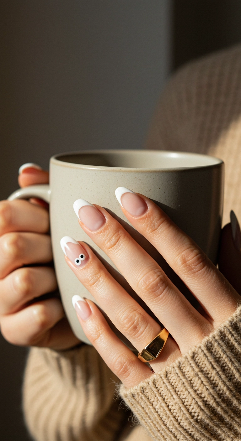 A close-up of almond-shaped nails with a ghostly French manicure, where the white tips are shaped like cute ghosts.