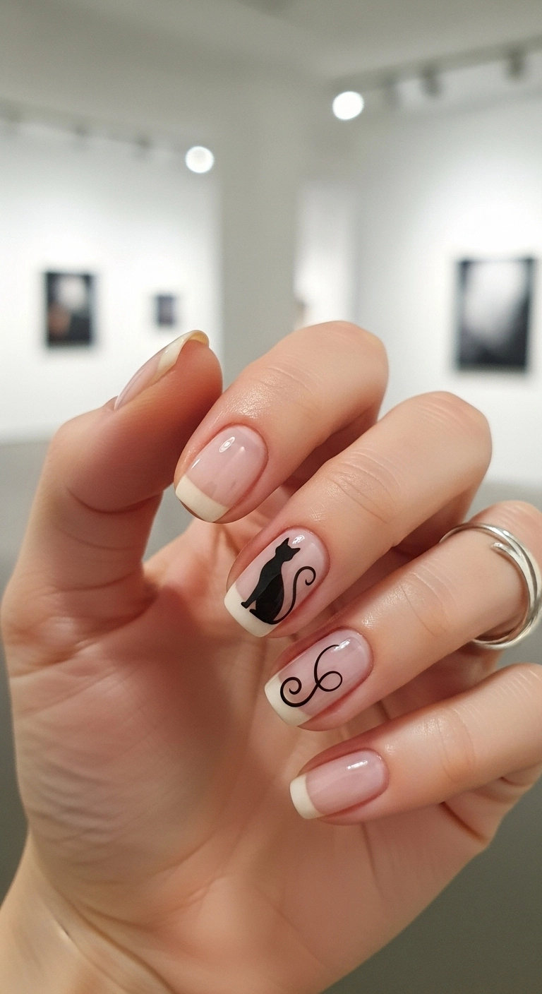 Short, rounded nails with a sheer beige base and a minimalist black cat silhouette on the ring finger.