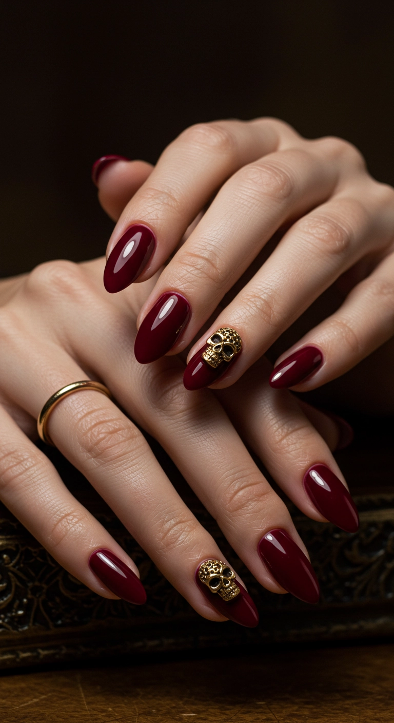 Glossy oxblood red nails with a small, elegant gold skull charm on the ring finger.